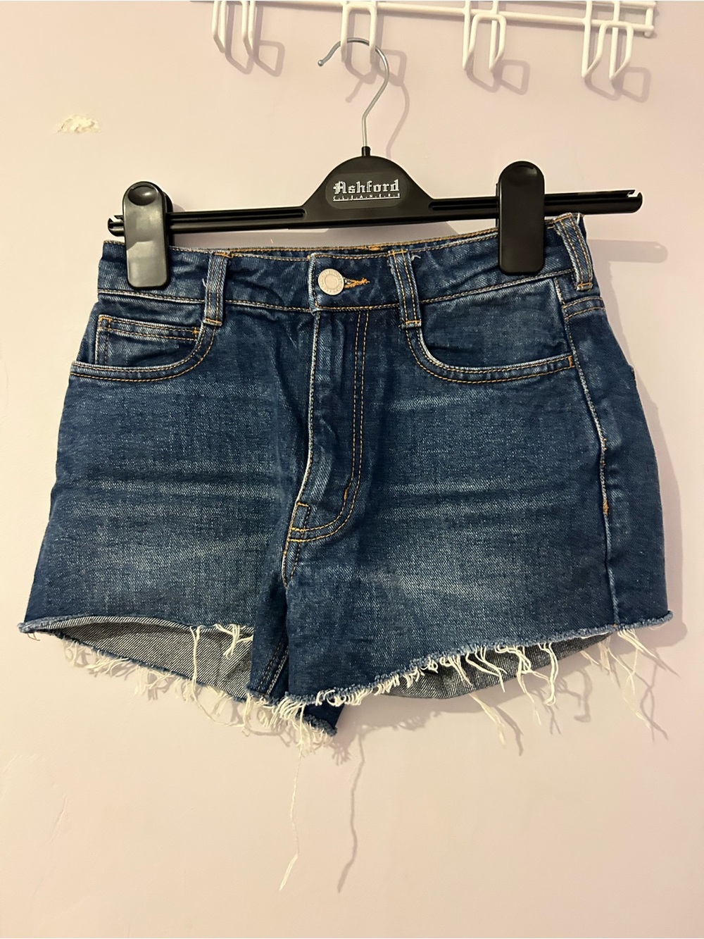 Frank & Oak Indigo Blue Frayed Hem Denim Shorts